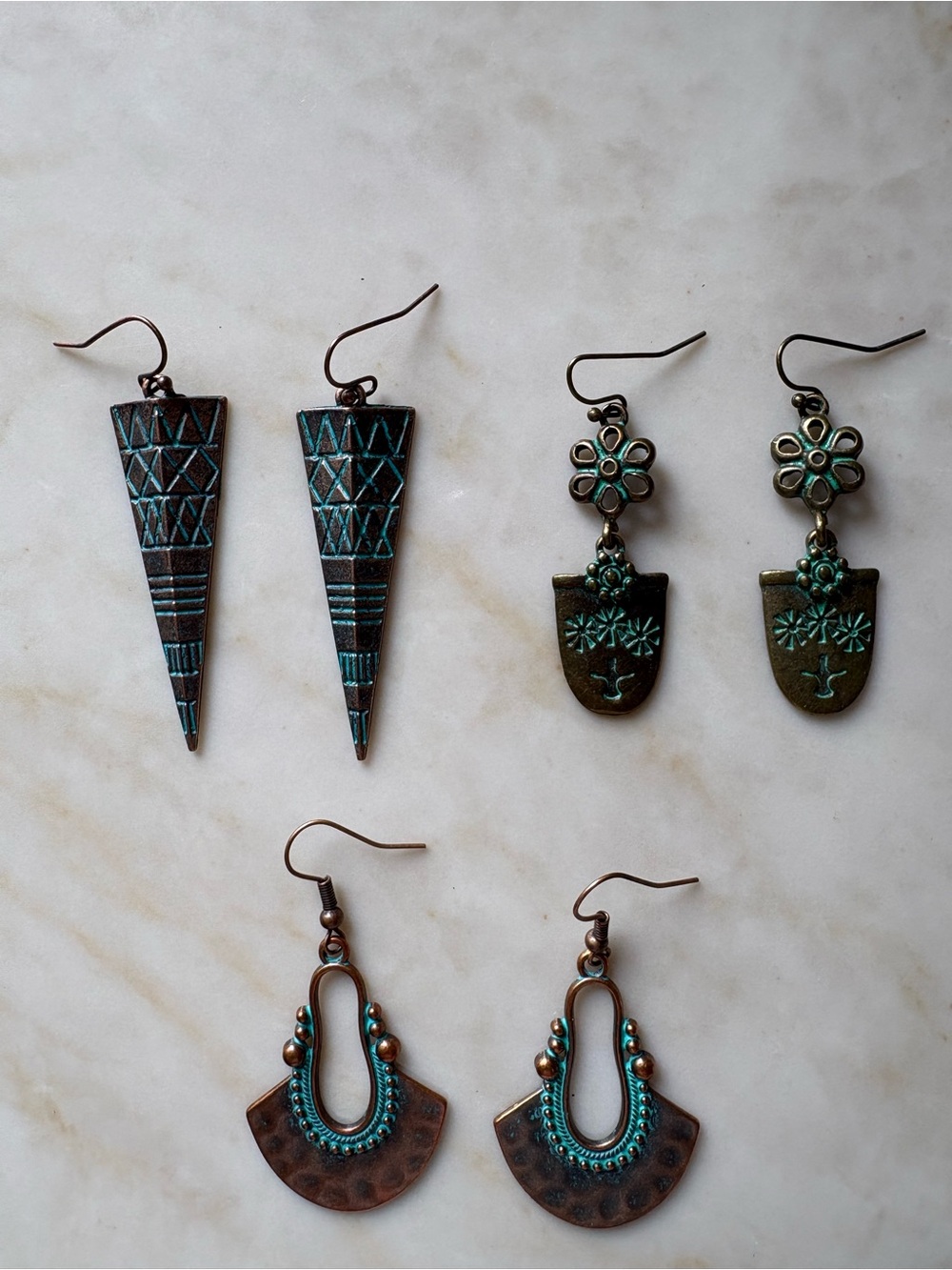 Boho Patina Copper Dangle Earrings - Teal Green Accents 3 Pairs